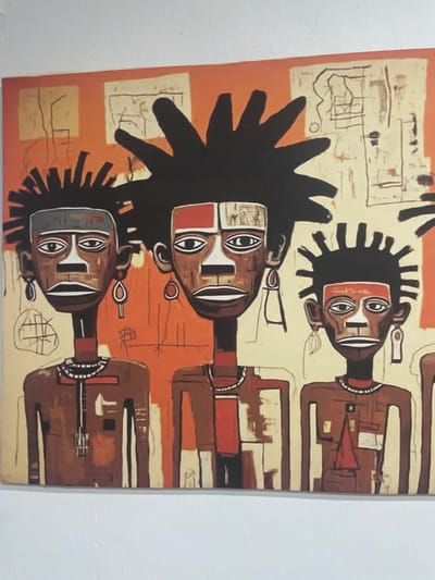 The image depicts an abstract painting with three figures arranged vertically. The figures are stylized, with dark brown skin, prominent eyes, and geometric shapes representing facial features. Each figure has black spiky hair, and their bodies are depicted with simplified shapes and earthy tones. The background consists of orange, beige, and brown blocks, with geometric lines and grid-like patterns scattered throughout. The painting's style suggests an interpretation of African tribal aesthetics. There is no indication in the image about it being located in Uweyoba, Nigeria.