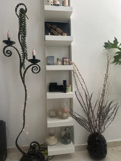 The image depicts an indoor scene, likely a living room, in an apartment in Haifa, Israel. On the left, a tall, black, wrought-iron candelabra-style floor lamp is adorned with small, white fairy lights and a trailing artificial succulent plant. Three faux candles with pink tips are visible on the lamp. To the right, a white, multi-tiered shelf unit is mounted on a white wall.
The shelves display various decorative items. The top shelf holds a few ceramic objects. The second shelf from the top has a dark backing and displays a collection of smooth, brown rocks and a small figurine. The third shelf has a book titled "THE FOUNTAIN TAROT," a small stuffed doll, and a postcard with two people. The fourth shelf holds a black box and a green candle in a glass jar. The fifth shelf contains a clear glass vase with pink and white spherical objects. The bottom shelf features a vintage-style oil lamp and a glass cylinder filled with decorative spheres and greenery.
In the foreground, to the right of the shelves, a large, textured black vase holds a dried floral arrangement of pussy willow branches and other sparse, twig-like elements. The overall impression is one of a curated, decorative space. The floor appears to be tiled. The lighting suggests it is daytime, with natural light illuminating the scene.