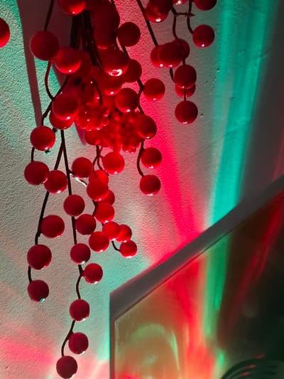 The image shows a bunch of artificial red berries hanging from a dark stem against a textured, off-white wall. The wall is illuminated by red and green lights, casting distinct colored shadows and reflections. The lighting creates a festive or decorative atmosphere. There are no people visible in the image. The scene appears to be an indoor decoration, possibly for a holiday. The specific location in Zemun Urban Municipality, Serbia, cannot be determined from the visual information provided in the image.