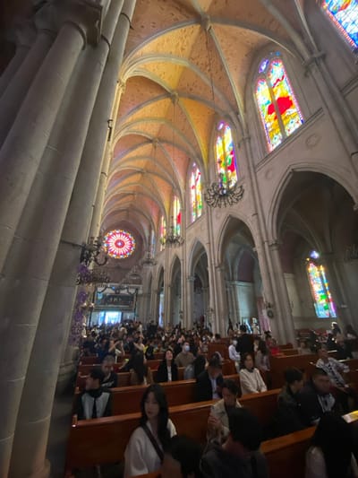The image displays the interior of a grand architectural space, likely a church or cathedral, captured from a tilted perspective. The photograph is oriented such that the high vaulted ceiling and upper architectural elements are on the left, while rows of pews filled with people are on the right, extending into the depth of the room.

The architecture features elaborate ribbed vaults and arches across the ceiling. Numerous rectangular stained glass windows, vibrant with color, line the upper walls, allowing light to filter into the space. Towards the far end of the hall, a large, intricate circular rose window is prominently visible. Several ornate black chandeliers hang from the ceiling, providing additional illumination. Large, pale stone columns with fluted details line the nave.

On the right side of the image, dark wooden pews are densely packed with a large congregation of people. They are seated, appearing attentive and observant, facing towards the front of the hall (where the rose window is located). Individuals are dressed in varied attire, from casual to smart casual. Some purple floral arrangements are visible in the foreground, possibly adorning a railing or a front section of the pews.

The scene suggests a daytime event, with natural light illuminating the interior through the stained glass. The atmosphere appears to be one of quiet assembly or a service. This location is contextually identified as Guangzhou City, China. There is no visible text within the image.