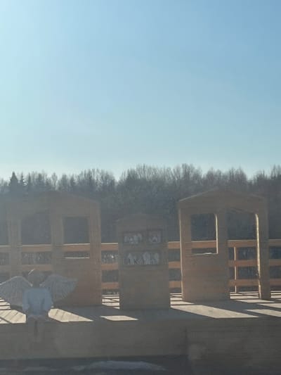 The image shows a tall wooden structure with multiple square openings, possibly a building or a tower. A decorative object resembling a bird with outstretched wings is visible in the lower right corner. A dense forest lines the background, and the sky is a clear light blue. The scene is likely located in Чутырь, Russia, based on the provided information.