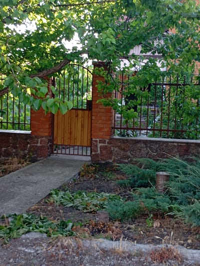 The image shows an outdoor scene, likely a residential yard in Sozonivka, Ukraine. The foreground features a concrete pathway leading towards a gate. This pathway is bordered by a low stone wall, constructed with rough-hewn reddish-brown stones, topped with a layer of brick. Beyond the wall, a densely planted area of green, low-lying shrubbery, possibly juniper, is visible. A small tree stump is also present amongst the greenery. The ground is covered in dark soil, with some scattered dry leaves and grass.

The main focal point of the image is a brick pillar and an iron gate with a wooden insert. The gate itself is made of dark metal bars, with a central section of vertical wooden planks. The brick pillar supporting the gate is made of red bricks and is topped with a stone cap. A tree with lush green leaves and a thick branch overhangs the gate and the fence, dappled sunlight filtering through the foliage, suggesting a bright, sunny day. Behind the gate, a glimpse of a building with a light-colored roofline and brick exterior is visible, partially obscured by the trees and foliage. The overall impression is of a well-maintained, though somewhat rustic, entrance to a private property. No people are visible in the image, and the scene appears still and peaceful. The time of day seems to be late morning or afternoon, given the angle and intensity of the sunlight. There is no visible text in the image.