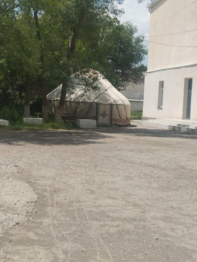 A yurt, a traditional nomadic dwelling, is situated on a gravelly area next to a modern building in Naryn City, Kyrgyzstan. The yurt is a conical tent structure with a cream-colored fabric exterior. The lower portion of the yurt features decorative brown fabric with intricate patterns. Two white, rectangular concrete blocks are visible in the grassy area to the left of the yurt. The modern building is a pale beige, two-story structure with white trim around two windows and a roofline. A white drainpipe runs down the side of the building. White steps lead up to an entrance on the right side of the building. Lush green trees with dense foliage surround the yurt on the left and behind it. The ground in the foreground is a mixture of gravel and dirt with some tire tracks. The sky is partly cloudy.