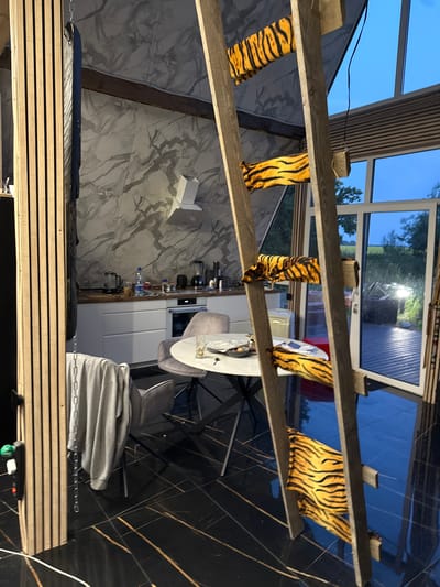 The image shows an interior scene. A wooden ladder with tiger-striped fabric wrapped around its rungs stands in the foreground, leaning against a sloped ceiling. To the left, a wall with vertical wooden slats is visible, with a gray garment hanging from a chain. In the background, a modern kitchen area is set up with white cabinets, a countertop with appliances, and a white range hood mounted on a marble-patterned wall. A round white table with two chairs is positioned in the center of the room. Beyond the kitchen, large windows look out onto a green outdoor space with trees and a clear blue sky, suggesting it is evening.