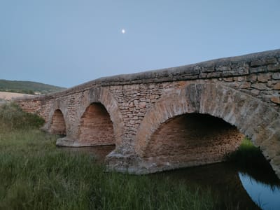 An old stone bridge with multiple arches spans a narrow body of water. The bridge is constructed of roughly hewn stones and appears weathered. Green grass grows along the banks of the water and the approach to the bridge. In the pale blue sky above, a small crescent moon is visible. The landscape behind the bridge is softly lit, with rolling hills covered in vegetation. The scene depicts a rural setting, likely in the evening or early morning. The location is identified as Filipeni, Moldova.