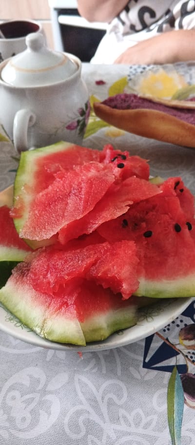 This is a close-up, high-angle shot of a plate of sliced watermelon. The watermelon slices are a vibrant red with some green rind visible. There are several black seeds scattered throughout the fruit. The plate is white with a subtle floral pattern around the rim. In the background, a white teapot with gold trim and a floral design is visible, along with the edge of a dark mug or cup. Further in the background, a person's torso is visible, wearing a black and white t-shirt. The scene is set on a tablecloth with a light grey, intricate patterned design. The overall impression is of a casual meal or snack. The location of Подгорное, Russia is not discernible from the image.