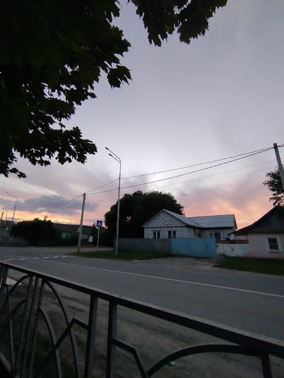 This is a full-frame, eye-level, slightly low-angle, outdoor, medium-shot photograph taken at dusk in the city of Donskoye, Russia. The foreground features a dark, ornate metal fence. Beyond the fence is an asphalt road with a white stripe. The middle ground displays a low-rise residential area with several houses, including one constructed of white brick and another with a pink facade. A blue gate is visible in front of the brick house, and a satellite dish is mounted on the pink house. Power lines crisscross the scene, supported by utility poles. Streetlights are also present. Trees are scattered throughout the background. The sky is a gradient of light gray at the top, transitioning to soft pink and orange hues near the horizon, indicating sunset or twilight.