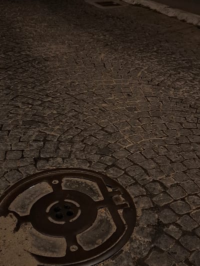 The image shows a close-up, angled view of a cobblestone street at night, with a metal manhole cover in the lower left quadrant. The cobblestones are dark gray and appear wet, reflecting the ambient light. The manhole cover is circular with a textured, patterned surface. The street extends upwards and to the right, with a curved edge of a sidewalk visible in the upper right corner. There is a hint of greenery along the edge of the sidewalk. No people or vehicles are visible in the frame. The scene is consistent with an urban environment in Zemun Urban Municipality, Serbia.