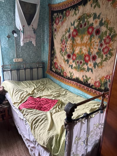 The image depicts a corner of a bedroom, likely within a rural residence in Відзаўскі сельскі Савет, Belarus. The room is furnished with a single bed, made up with a light green comforter and a red quilted throw at the foot. A portion of a white bed skirt with lace trim is visible. The bed frame appears to be made of dark metal.
The walls are covered with a patterned wallpaper in a pale blue hue. A large, floral tapestry hangs on the wall above the bed, featuring a colorful arrangement of flowers in shades of red, green, yellow, and white against a neutral background, bordered by a darker band. To the left of the tapestry, a white fabric is draped over something unseen, with embroidered floral details at the bottom. A light fixture with a bare bulb and a dark casing is also attached to the wall, along with two electrical outlets.
A wooden chair is partially visible to the left of the bed, and a woven rug covers the floor in the foreground. The overall impression is one of a simple, perhaps older, living space. No people are present in the image.