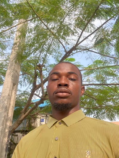 An outdoor, eye-level, slightly upward-angled photograph depicts a single adult male, likely in Badore, Nigeria. The male, with a dark complexion, short hair, and trimmed facial hair (mustache and goatee), is centrally positioned. He wears a collared shirt with thin vertical yellow and dark stripes, featuring visible buttons and a small emblem on the right chest area. His expression is neutral, with his gaze directed towards the camera.
The background is dominated by lush green foliage from multiple trees, with patches of a bright blue sky visible through the leaves, indicating clear weather and ample daylight. To the left, a light-colored, possibly concrete, utility pole extends vertically. Behind the trees, a partial view of structures includes a building with a light blue roof and white walls, along with a white cylindrical object, possibly a water tank. The overall lighting suggests a sunny outdoor setting.