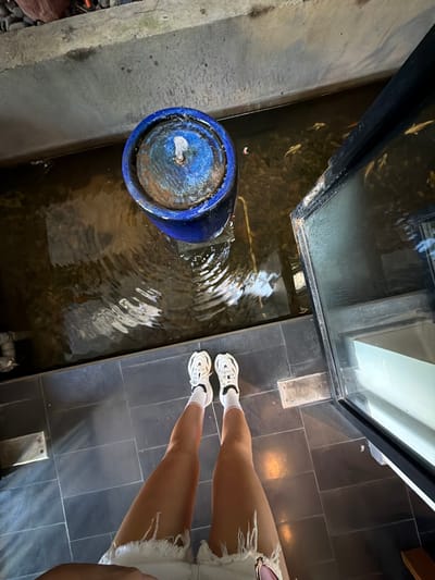 In South Quy Nhon Ward, Vietnam, a top-down view captures a person's legs and feet clad in white sneakers and white shorts with frayed edges. They stand on a dark tiled floor adjacent to a shallow, dark water feature containing several small, light-colored fish. A blue ceramic pot, serving as a fountain, is partially submerged in the water, with a stream of water flowing from its center. To the right, a large glass enclosure with a black frame is visible, its reflective surface showing a bright interior. The surrounding environment includes a concrete edge and some gravel.