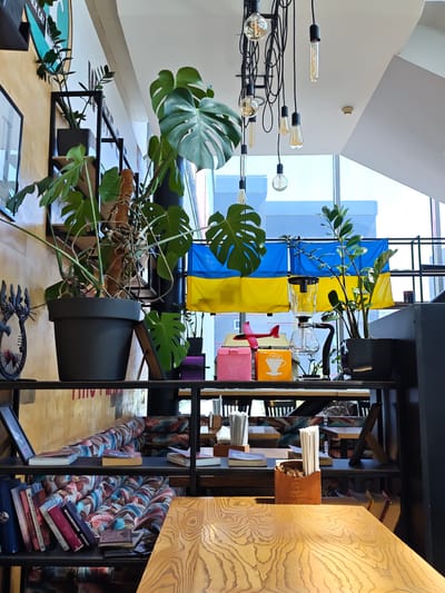 The image shows a cafe or similar establishment in Vinnytsia, Ukraine. A table made of light-colored wood dominates the foreground. Behind it is a black metal shelving unit filled with books, plants, and other decorative objects. A large Monstera plant in a black pot is prominently displayed on the shelf. The Ukrainian flag is visible in the background. Light fixtures with exposed bulbs hang from the ceiling. The shelving unit also contains a syphon coffee maker, packaged tea, and a small plane. There are straws and sugar packets on the table behind the plants and books. The seating appears to be cushions or patterned fabric.