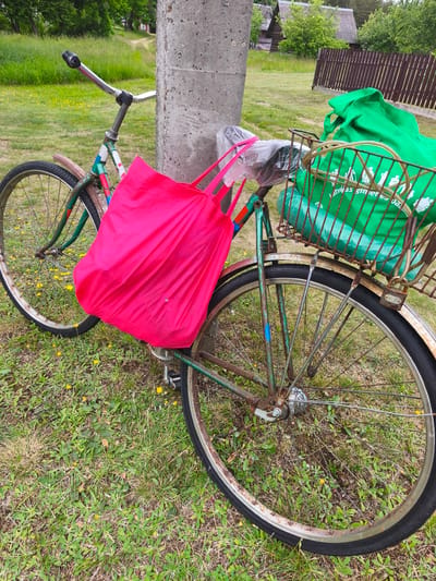 An abandoned bicycle, leaning against a concrete post, is situated in a grassy area with scattered yellow wildflowers. The bicycle is teal and rust-colored, with a pink tote bag hanging from its handlebars and a green reusable shopping bag in a metal basket attached to the rear. The bicycle's tires are deflated. In the background, a wooden fence, a path, and rustic wooden houses are visible, suggesting a rural or semi-rural setting, possibly within the vicinity of the village of Parachcha, Belarus. The overall impression is one of disuse and neglect.