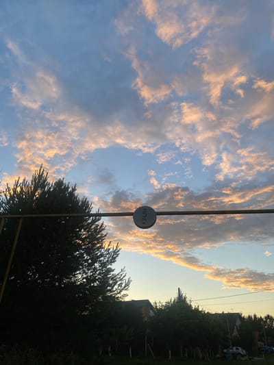 The image is a vertical shot of a sky with scattered clouds during what appears to be sunset or sunrise, given the warm, golden hues on the clouds. The sky takes up the majority of the frame, with a serene, peaceful atmosphere.

In the foreground, silhouetted against the sky, is the top of a dark green evergreen tree. To the right of the tree, there are hints of houses and other structures, suggesting a rural or suburban setting. Power lines stretch across the frame, further indicating a populated area. There is a circular sign attached to a pole, featuring what appears to be a logo or symbol with Cyrillic letters, though the text is small and difficult to read clearly. It's a single pole, likely supporting the power lines.

The overall scene conveys a sense of calm and the beauty of nature at the transition between day and night. The lighting suggests it is late evening or early morning. The location is identified as Zav'yalovo, Russia. No specific activity or event is clearly depicted, but the image captures a moment of quiet observation of the natural world.