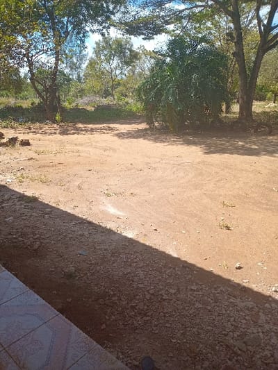 The image displays an outdoor scene in Kinondo ward, Kenya. The foreground reveals a section of a tiled surface with a brown and red geometric pattern at the bottom left. Adjacent to this, a strip of gravel and small stones is visible, partially covered by a sharp diagonal shadow extending from the lower left towards the right. A dark shoe is minimally visible at the bottom center edge. The midground is an expansive area of reddish-brown dirt, mostly bare with sparse patches of green vegetation and faint surface disturbances. The background features a collection of trees with green foliage, including a dense bushy shrub on the right and taller trees receding into the distance, beneath a bright blue sky with scattered clouds. No individuals, animals, or specific activities are present.