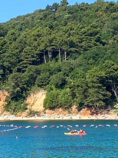 The image captures a scenic view of a coastline with a lush, green hillside densely covered with trees. The hillside slopes down towards a sandy beach dotted with people and beach chairs. The water in the foreground is a clear, vibrant blue. A yellow and red kayak with two individuals paddling is positioned in the water. A rope barrier with red and white buoys separates the swimming area from the open water. The sky above is a clear, bright blue. This scene is consistent with a coastal area like Sveti Stefan, Montenegro, known for its beautiful beaches and verdant hillsides.