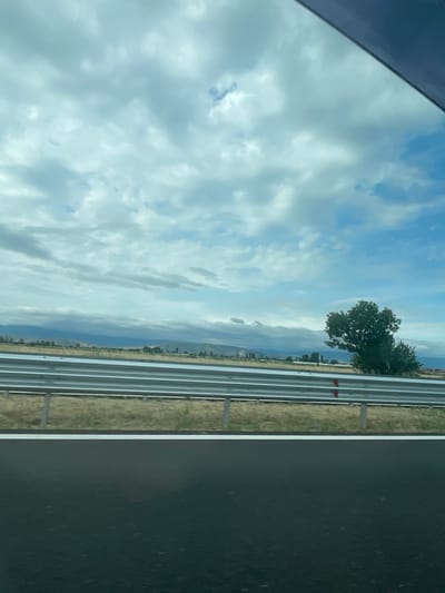 A view of a highway in Malo Konare, Bulgaria, on a cloudy day. The foreground shows the dark asphalt of the road, with a white line separating it from a grassy shoulder. A silver guardrail runs along the edge of the highway. Beyond the guardrail, a field with dry grass and scattered trees leads to a distant mountain range under a cloudy sky. A large tree with dark green foliage stands to the right of the frame. The scene appears to be captured from a moving vehicle, as indicated by the slight blur and the framing from within what seems to be a car window.