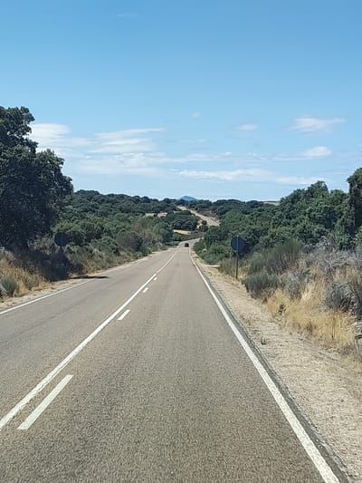 The image depicts a rural highway in the municipality of La Redonda, Spain, on a clear day. The road, paved with asphalt, features a solid white line on the right edge and a dashed white line separating two lanes. The road curves gently to the left as it recedes into the distance, with low green trees and bushes lining both sides. In the background, rolling hills covered with dense vegetation are visible under a bright blue sky with scattered white clouds. A dark-colored vehicle is present on the road in the distance, traveling in the same direction as the viewer. Two circular road signs are positioned along the right side of the road. The environment appears dry and sunny.