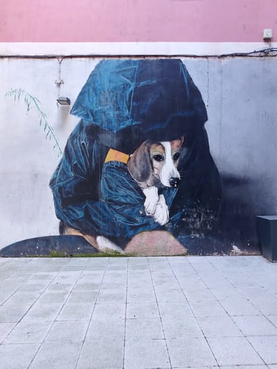 The image is a photograph of a street art mural in Santander, Spain. The mural depicts a beagle dog being held within what appears to be dark blue fabric or clothing. The background wall is painted with a gray gradient, topped by a strip of white paint and a pink upper wall. Electrical conduit and a light fixture are visible on the wall near the mural. The ground in front of the mural is paved with light gray square tiles. The base of the mural meets the ground with some visible moss or vegetation growing near the edge. A dark gray, cuboid object is situated on the right side of the mural, next to the wall.