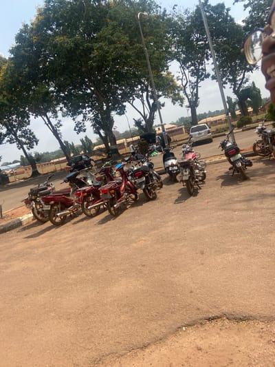 The image displays an outdoor scene in Nsukka, Nigeria, under a bright, clear sky. The foreground is a reddish-brown, granular road or parking surface. Along the left edge, approximately ten to fifteen motorcycles and mopeds, primarily in red, silver, and black, are parked. Further back on the road, a white SUV and a black sedan are visible. The midground and background are dominated by numerous tall trees with dense green foliage, some exhibiting yellow blossoms. Grey streetlights are positioned among the trees. In the background, low-rise buildings with reddish-brown roofs are visible. Near the black sedan, several indistinct individuals are gathered around items laid out on the ground, suggesting a small, informal market setup. The right side of a person's face, including an eyeglass frame, is partially visible in the extreme upper right corner of the frame.