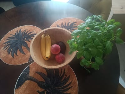 The image shows a high-angle shot of a dark wooden table. On the table are three round placemats with a brown background and a black feather design. In the center of the placemats is a light-colored wooden bowl containing two yellow bananas, two red peaches, and one avocado. To the right of the bowl is a potted basil plant with vibrant green leaves. The background includes a glimpse of a tufted brown sofa and a white wall. The overall setting suggests a domestic environment, possibly a dining area in Serravalle, Switzerland, given the prompt.