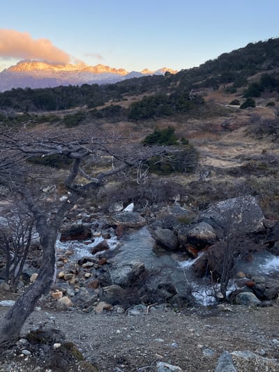 The image depicts a mountain landscape, possibly at sunset or sunrise, in an area with a rocky stream. The mountains in the background are illuminated with a warm, golden light. Vegetation covers the slopes, ranging from dense evergreen trees to dry, brown grasses. A stream flows through a rocky bed, with water cascading over the stones. In the foreground, bare, gnarled trees stand near the stream. A mixture of rocks, pebbles, and soil cover the ground near the water's edge. The geographical location is likely in Argentina, but the city is unknown.