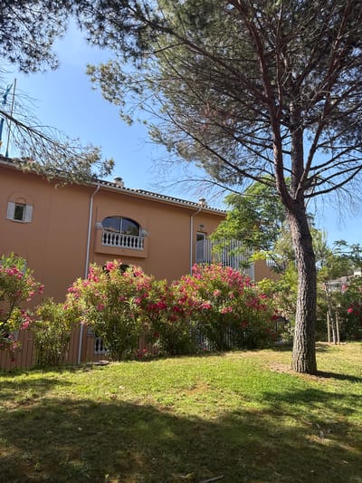 The image depicts a residential building in Sant Feliu de Guíxols, Spain. The building, painted in a warm peach color, features an arched balcony with a white balustrade on the second floor, above a row of flowering pink oleander bushes. To the left, a smaller arched window with a louvered shutter is visible. The foreground is a grassy lawn, dappled with shadows from a large pine tree on the right side of the frame. The sky is clear and blue. The scene is devoid of people or any apparent activity.