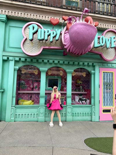 An outdoor, brightly lit, full-shot photograph captures a person dressed in a Barbie-like costume posing in front of a whimsical pet store named "Puppy Love" in Osaka, Japan. The image is rotated 90 degrees counter-clockwise, with the ground appearing on the right and the building on the left.

The central subject is a person, likely female, with long blonde hair, wearing a vibrant pink dress, oversized white sunglasses, and white platform sandals. She stands casually with one leg slightly bent, looking towards the camera, while a hand holding a smartphone is visible at the top right of the frame, suggesting someone is taking her photo.

The store facade is painted in striking mint green and pink, featuring ornate architectural details like columns and arches. A large, prominent sign above the entrance spells out "PUPPY LOVE" in light blue, 3D letters, set against a textured pink background. Adorning the sign is a large, sculpted, pink, furry dog-like head with cartoonish teeth and hearts.

The store's display windows showcase various pet-related items. Bone-shaped signs inside the windows label sections like "COUTURE," "GROOMING," and "SUPPLIES." Products such as "PUPPY-LOVE BRAND DOG FOOD" and a large yellow banana-shaped pet bed are visible. The upper windows and door feature patterned glass with bone motifs and smaller text reading "PET GROOMING SUPPLIES."

The setting appears to be a paved pedestrian area, possibly within a theme park, with a patch of green artificial turf visible on the right. The day is bright and clear, indicating good weather. The overall scene exudes a playful, cheerful, and highly stylized atmosphere.