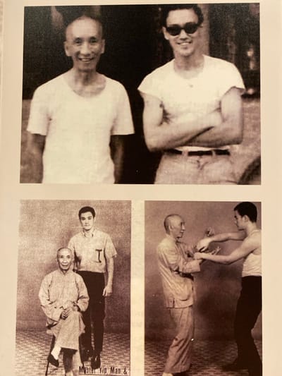 The media file displays a page from an old book or document, featuring four black and white photographs, likely historical, all depicting individuals, possibly in Guang Zhou Shi, China. The images are oriented sideways.

**Top Left Photo:** Shows a young man wearing sunglasses and a white t-shirt, smiling broadly, with an older, bald man in a white t-shirt smiling behind him, partially visible. The background is dark and appears to be outdoors.

**Bottom Left Photo:** A close-up of the older, bald man from the top left photo, wearing a white t-shirt and smiling.

**Top Right Photo:** Features two men in an indoor setting with a textured floor. A younger man in a tank top and dark trousers is demonstrating a martial arts technique, possibly a wrist lock or control, on the arm of the older, bald man, who is wearing a light-colored traditional Chinese garment. Both appear focused, suggesting a training or instructional moment.

**Bottom Right Photo:** The older, bald man, dressed in a traditional Chinese garment and holding a cane, is standing alongside a younger man wearing a t-shirt with the letter "I" on it and dark pants. Both are smiling and posing for the camera in an indoor setting with a textured floor. Partially visible text in the bottom right corner of this photo reads "Master Yip Man &".

The presence of the text "Master Yip Man &" strongly suggests the older man depicted across these photographs is Ip Man (Yip Man), the renowned grandmaster of Wing Chun kung fu. The younger men are likely his students or associates. The overall atmosphere conveyed by the smiling faces is one of warmth and camaraderie, interspersed with focused martial arts instruction. The photos capture moments of teaching, interaction, and portraiture.