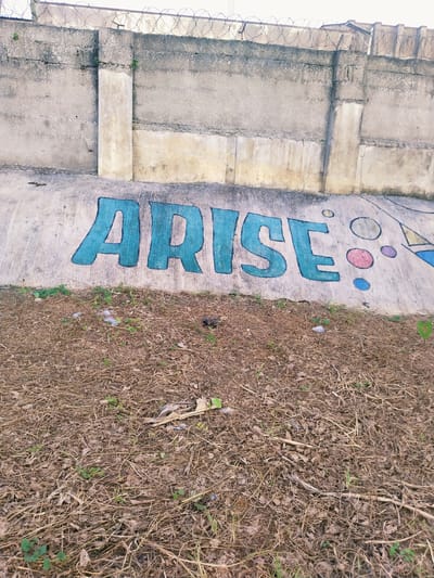 The image shows a concrete wall with graffiti that reads "ARISE". The wall appears to be part of an outdoor structure, possibly a drainage channel or retaining wall, situated beside a dry, grassy area. Barbed wire is visible along the top of the wall, suggesting a security fence. The graffiti is in large, teal-colored letters with black outlines. To the right of the word "ARISE", there are several colorful circles (pink, blue, purple) and a partial geometric shape in yellow and blue. The ground in front of the wall is covered in dry leaves, straw, and some sparse green vegetation. A few pieces of litter are scattered on the ground. The lighting suggests it is daytime, and the overall impression is of an urban or semi-urban environment. There are no people visible in the image. The location context provided is Uyo, Nigeria.