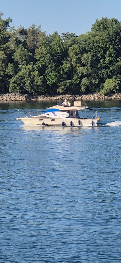A beige motorboat with a blue canopy is traveling on a river. Two people are visible on the upper deck of the boat. The boat is leaving a wake behind it. On the left side of the boat, a white surfboard is secured vertically. The river is calm and reflects the blue sky. The background features a dense line of green trees and a rocky embankment. The scene is set on the Rhine River in Mainz, Germany. The sky is clear and blue.