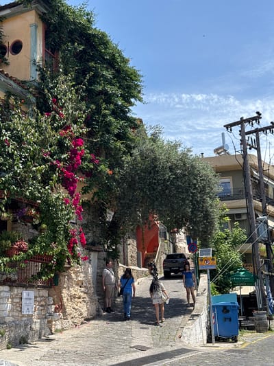 In Kavala, Greece, a narrow, cobblestone street slopes upwards. Two people, a man and a woman, walk away from the camera. The woman is wearing a blue t-shirt and jeans, and the man is in a light brown t-shirt and shorts. On the left side of the street, a building is covered in dense green foliage and bright pink bougainvillea. Stone walls and planters are visible at the base of the building. On the right side of the street, more buildings are visible, as well as utility poles with wires. A blue trash bin is positioned near the curb, and a parked truck is further up the street. The sky is blue with scattered clouds.
