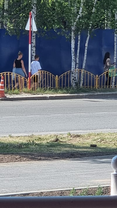A medium-distance, eye-level, outdoor shot captures a group of people walking along a street in the city of Megion, Russia. In the foreground, a paved road with white lane markings runs horizontally across the frame. Behind the road, a strip of grass and dirt is visible, bordered by a sidewalk. A decorative yellow metal fence with vertical bars and an arched top separates the sidewalk from a blue wall, behind which birch trees with white and black bark are scattered.
On the sidewalk, three individuals are depicted. To the left, a person wearing a black tank top and blue denim shorts walks away from the camera, carrying a light-colored bag over their shoulder. Next to them, a person in a white t-shirt and dark shorts also walks away. Further to the right, a person in a dark patterned top and light-colored shorts is partially visible, holding a green object. A red and white striped signpost stands near the first two individuals. An orange traffic cone is placed on the grass to the left of the fence. The overall lighting suggests it is a sunny day.