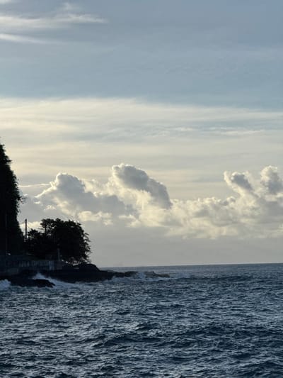 The image displays a coastal environment in Hitiaʻa ʻo te Rā, France. The upper half of the frame is dominated by a mostly overcast sky, featuring layers of pale blue and greyish-white clouds, some with defined cumulus forms and others appearing as stratiform layers. The horizon line is visible across the middle-right portion of the image. The lower half and right side show a turbulent dark blue ocean with numerous visible waves and white foam, indicative of choppy conditions. On the left, a steep, dark green, heavily vegetated landmass descends to meet the sea. Along the base of this landmass, dark rock formations are prominent, against which waves are actively crashing, generating white spray and foam. A utility pole with wires is discernible at the base of the vegetation on the left. A dark, low-lying structure, potentially concrete or stone, runs along the shoreline above the rocks. No individuals, animals, or active vessels are present.