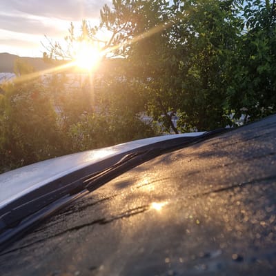 This media file is an outdoor, eye-level, close-up shot captured from a low angle. The scene depicts a sunbeam breaking through lush green foliage from a tree on the left side of the frame, casting a bright glare across the image. The sun is low in the sky, suggesting it is either early morning or late afternoon. On the right side of the image, a dark, textured surface is visible, possibly a car windshield or a window, adorned with numerous water droplets that reflect the sunlight, creating a bokeh effect. The water droplets suggest recent rain or dew.
The background on the left shows more of the green tree leaves and hints of buildings and a light-colored sky, indicating an outdoor, possibly residential or urban environment. The overall mood is bright and possibly serene, with the sunlight and water droplets creating a visually appealing, almost magical effect. There is no visible text within the frame. The location is identified as Dunnae-myeon, South Korea.
