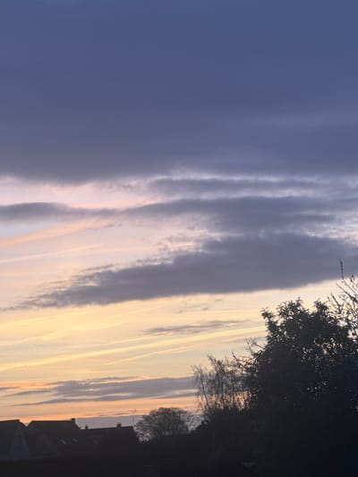 The scene depicts an outdoor environment during either dawn or dusk in Neuville-aux-Bois, France. The sky occupies the majority of the frame, transitioning from a dark blue-purple at the top to hues of orange and yellow near the horizon. Several elongated, dark grey cloud bands are visible horizontally across the mid-ground. Below these clouds, at least five distinct, thin white contrails extend horizontally across the lighter segments of the sky. The lower quarter of the image presents a dark silhouette of terrestrial features. On the left, portions of at least three residential rooftops with dark, sloped profiles are discernible, one of which exhibits a small antenna-like structure. The central and right areas of the silhouette are occupied by dense tree canopy and bare tree branches, obscuring ground-level details. No individuals are present.