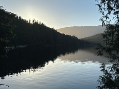 The image depicts a serene lake scene at what appears to be either sunrise or sunset, with the sun peeking through the trees on a densely forested hillside. The water's surface is calm, reflecting the sky and the silhouettes of the trees and distant hills. The foreground on the right is framed by the dark, feathery branches of coniferous trees. On the left side of the image, a dark line suggests the presence of a dock or some structure along the water's edge, with a few small boats moored nearby. The overall impression is one of natural tranquility. This scene is likely located at Buntzen Lake in Anmore, near Port Moody, British Columbia, Canada, a popular recreational area known for its natural beauty and hiking trails.