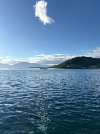 This vertical, wide shot captures a serene view of the sea and mountains, likely near Harstad, Norway. The foreground is dominated by the deep blue, rippling water of the sea, with sunlight reflecting off the waves. In the mid-ground, a white ferryboat is seen traversing the water from left to right, leaving a wake behind it. Further in the distance, a green, tree-covered mountain slopes down to the water's edge, with several buildings visible along its base. The background features a range of majestic, silhouetted mountains under a clear blue sky, punctuated by scattered white clouds. The overall scene evokes a sense of tranquility and natural beauty.