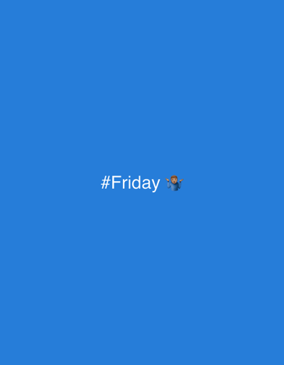 This digital image, situated within the context of Sidi Yahya El Gharb, Morocco, features a solid, uniform blue background. Centered horizontally and slightly above the vertical midpoint, the white text "#Friday" is displayed. Immediately to the right of the text, a light-skinned person emoji, depicted with both arms raised and palms open in a shrugging gesture, is present. No other subjects, objects, or environmental elements are depicted within the graphic. There are no actions or interactions beyond the implied gesture of the emoji.