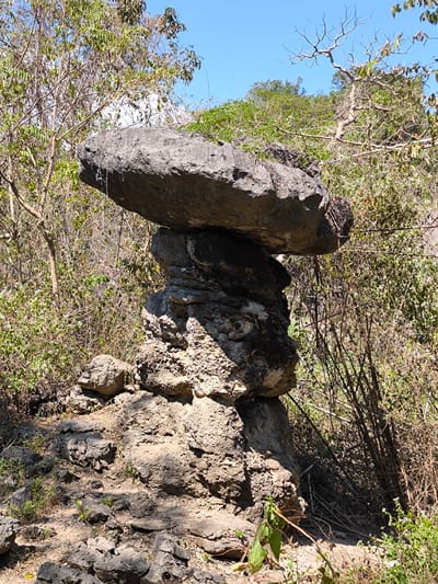 A large, weathered rock formation resembling a mushroom stands prominently in a dry, vegetated area. The formation is composed of stacked, irregularly shaped rocks, with a broad, flat stone capping the structure. The surrounding environment is characterized by sparse trees, dry brush, and rocky ground, suggesting a natural, outdoor setting. The sky above is clear and blue. This natural landmark is located near Batu Cermin Cave in Labuan Bajo, Indonesia, a popular tourist destination known for its unique geological formations.