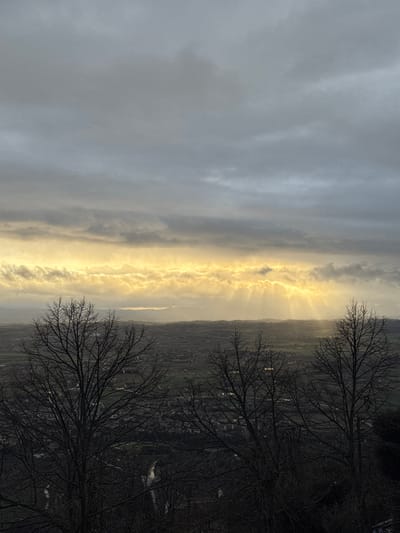 A landscape with silhouetted trees in the foreground against a sky dominated by heavy, grey clouds. A vertical band of intense golden light bisects the scene, illuminating the horizon and casting ethereal rays. The terrain below the light appears to be a mix of fields and possible urban development, all cloaked in shadow. The trees are bare-branched, suggesting winter.