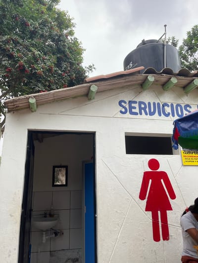 The image depicts a restroom facility in Quilmaná, Peru. The exterior walls are painted white and adorned with a red female gender symbol and the word "SERVICIOS" in blue. A water tank is visible on the roof. The door is open, revealing a white tiled interior with a sink and a small mirror on the wall. A person is partially visible at the top of the frame. Lush greenery is seen surrounding the structure.