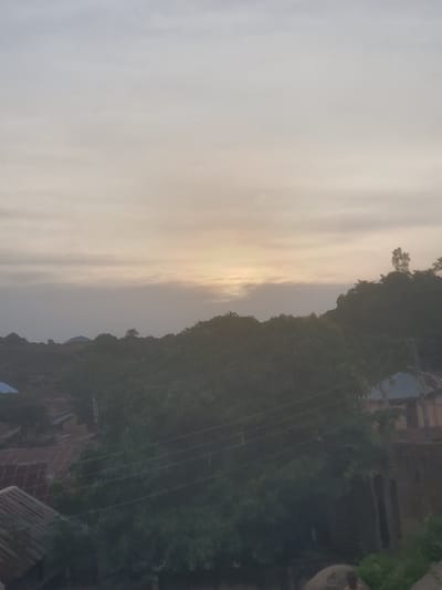 The image depicts a panoramic view of the city of Rukuba Road, Nigeria, under a hazy, overcast sky that suggests either dawn or dusk. The foreground is dominated by lush green foliage, likely trees, obscuring much of the built environment. Visible through the trees are the corrugated metal roofs of several houses, indicating a residential area. In the mid-ground, a slightly elevated landscape is covered in dark vegetation, with rocky outcrops sparsely dotting the terrain. The horizon is marked by the silhouettes of more trees and the subtle glow of the sun, partially obscured by clouds. The overall impression is one of a semi-urban or rural setting, with natural elements playing a significant role in the landscape.