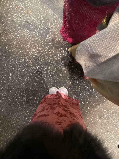 The image depicts three individuals' lower bodies from an overhead perspective. One person wears a dark pink velvet dress and a gold ring. Another is clad in a light gray jacket with a tan skirt underneath. The third person has on a pink floral dress and white sandals, partially obscured by a large black object, likely fur or hair. All three stand on a gray, speckled floor.