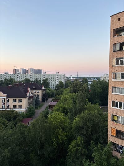This is a daytime, high-angle, medium shot photograph of a residential area in Mytishchi, Russia. The sky transitions from a pale blue at the top to a soft pinkish hue near the horizon, suggesting either dawn or dusk. In the foreground, a light brown brick apartment building with balconies and numerous windows occupies the right side of the frame. On the left, a yellow brick building with a dark red roof, featuring multiple windows and architectural details, is visible. Between these buildings, dense green trees form a significant part of the landscape. Further in the background, a long, light-green apartment building stretches across the frame, characterized by rows of identical windows. Beyond that, several modern, multi-story white buildings are under construction, indicated by visible cranes. The environment appears to be a mix of older and newer residential developments interspersed with a substantial amount of mature trees. No people or animals are visible in the frame, and no specific actions are depicted.