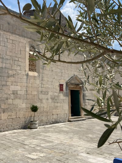 The image shows the exterior of a stone building in Perast, Montenegro. In the foreground, an olive tree branch with green leaves partially obscures the view. The building is constructed of light-colored stone blocks and features a pointed archway with a dark green door, surrounded by a stone frame. Above the doorway is a triangular pediment. To the left of the doorway, a small, red rectangular sign is mounted on the wall. Further to the left, there is a small, round tree in a concrete pot. A decorative, circular window with intricate stonework is visible to the left of the tree. The ground in front of the building is paved with square stone tiles. The sky above is blue with scattered white clouds.
