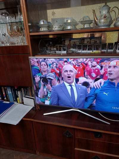 The image displays a television screen showing a live broadcast of a sporting event, likely a soccer match, given the jerseys worn by the individuals. Two men are prominently featured on screen, with one in the foreground wearing a suit and tie, and another in a blue athletic jacket. Both men appear to be reacting intensely to something happening in the game, with their mouths open in shouts or exclamations. The crowd in the background is blurred but suggests a stadium or large gathering.
To the left of the television, a tall wooden cabinet with glass doors is visible, filled with decorative porcelain teacups and saucers. Below this cabinet, another section of the furniture holds an array of crystal glasses. To the right of the television, stacks of books are piled on a wooden surface, and a white document folder is placed on top of them. The overall setting appears to be a living room or common area within a home in Cheshnegirovo, Bulgaria, likely in the evening as indicated by the "19:54" timestamp on the television screen. The ambient lighting appears to be artificial, coming from the television and possibly interior lights. The mood conveyed by the people on the screen is one of high emotion, excitement, or distress related to the sporting event. Some text is visible on the television screen, including "НА ЖИВО Б-Н-Т" (Live BNT) and "1", suggesting it's a broadcast from the Bulgarian National Television. Other text on the books and the folder is in Cyrillic script, common in Bulgaria.