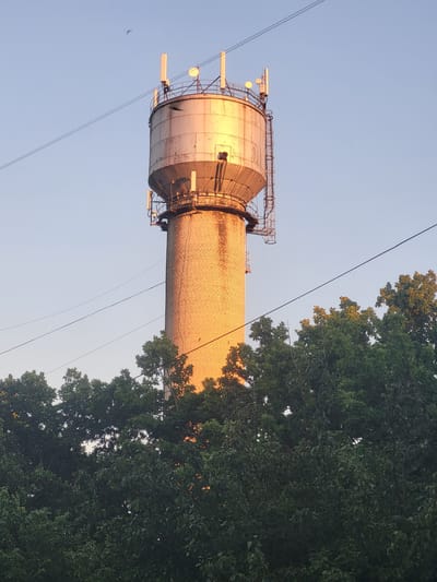 A brick water tower with a metal tank at the top is visible in the image, bathed in the warm light of what appears to be sunset. The tower is adorned with several communication antennas. It is situated in the city of Khotsky, Ukraine. Surrounding the base of the tower are lush green trees, and overhead, power lines stretch across the sky. A small bird is captured mid-flight in the upper left quadrant of the image. The sky is a clear, pale blue, suggesting a calm weather condition. The image is a medium shot, focusing on the tower and the surrounding natural elements.