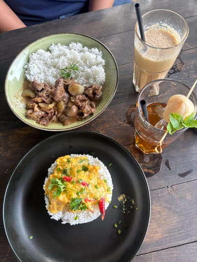 An overhead view captures a dining scene on a dark wooden plank table in Tamiajeng, Indonesia. Two main dishes and two beverages are arranged.
The upper left features a light green ceramic bowl containing white rice on one side, garnished with a single herb sprig, adjacent to a stew composed of dark meat pieces, sliced white onions, and whole mushrooms in a light brown sauce.
The lower left displays a round matte black ceramic plate presenting a mound of white rice topped with a vibrant yellow, creamy sauce or curry, garnished with chopped green onions, a sprig of green herbs, and two red chili peppers.
To the upper right, a tall clear glass contains a light brown, frothy beverage with a black straw. Adjacent to it, a shorter, faceted clear glass holds an amber-colored liquid with ice, a black straw, and is garnished with mint leaves and a single light-colored fruit on a wooden skewer.
Condensation rings and drips from the glasses are visible on the wooden table surface. The upper portion of a person, wearing a dark blue shirt and jeans, is partially visible in the background, indicating an individual seated at the table.