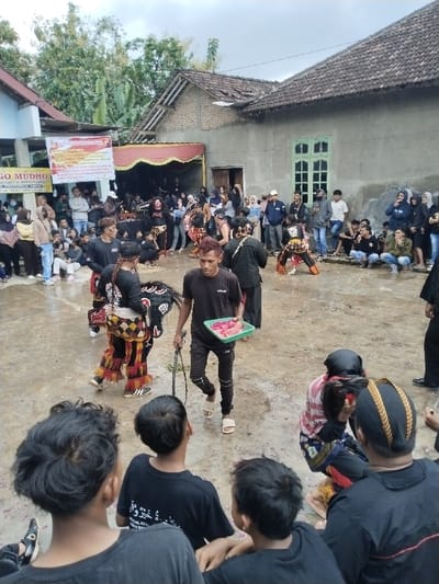 In Kerjo, Indonesia, an outdoor cultural event unfolds on a wet, uneven dirt ground scattered with red and pink flower petals. The scene is framed by a crowd of approximately 70-100 onlookers, predominantly young adults, many wearing casual attire including hoodies and hijabs, standing and sitting along the perimeter. In the background, simple residential structures with light-colored walls and tiled roofs are visible, accompanied by lush green foliage. A light blue building on the left features a white and yellow banner with "GO MUDHO" text, while a grey building on the right has a light green window frame and a red and yellow banner draped over an entrance.
In the midground, several individuals in elaborate Jaranan/Kuda Lumping costumes, featuring black, red, and yellow striped pants with fringe and attached horse effigies, are performing or participating in a ritual. One performer is partially crouched in a red and black costume. A male figure with reddish-brown hair, wearing a black t-shirt and dark pants, walks through the center, carrying a green plastic tray filled with pink and white items, likely flower petals or small pieces of meat, in his left hand, and holding a dark rope-like object in his right hand. In the immediate foreground, seen from behind, are the heads of three young males with dark hair, wearing black t-shirts, observing the activities.